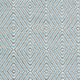 Handwoven rug in a geometric diamond pattern in light blue, grey and white. 