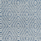 Handwoven rug in a geometric diamond pattern in blue, grey and white. 