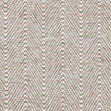 Handwoven rug in a herringbone pattern in pink, green and white. 