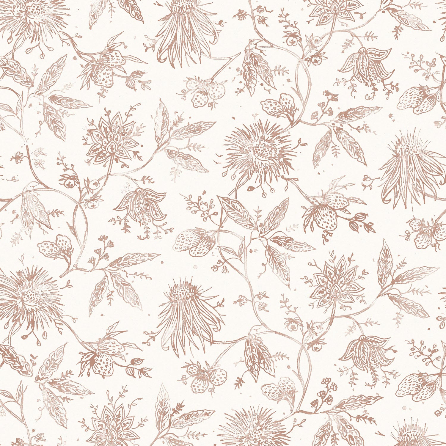 Watercolor floral pattern with clay pink leaves and flowers on a white background