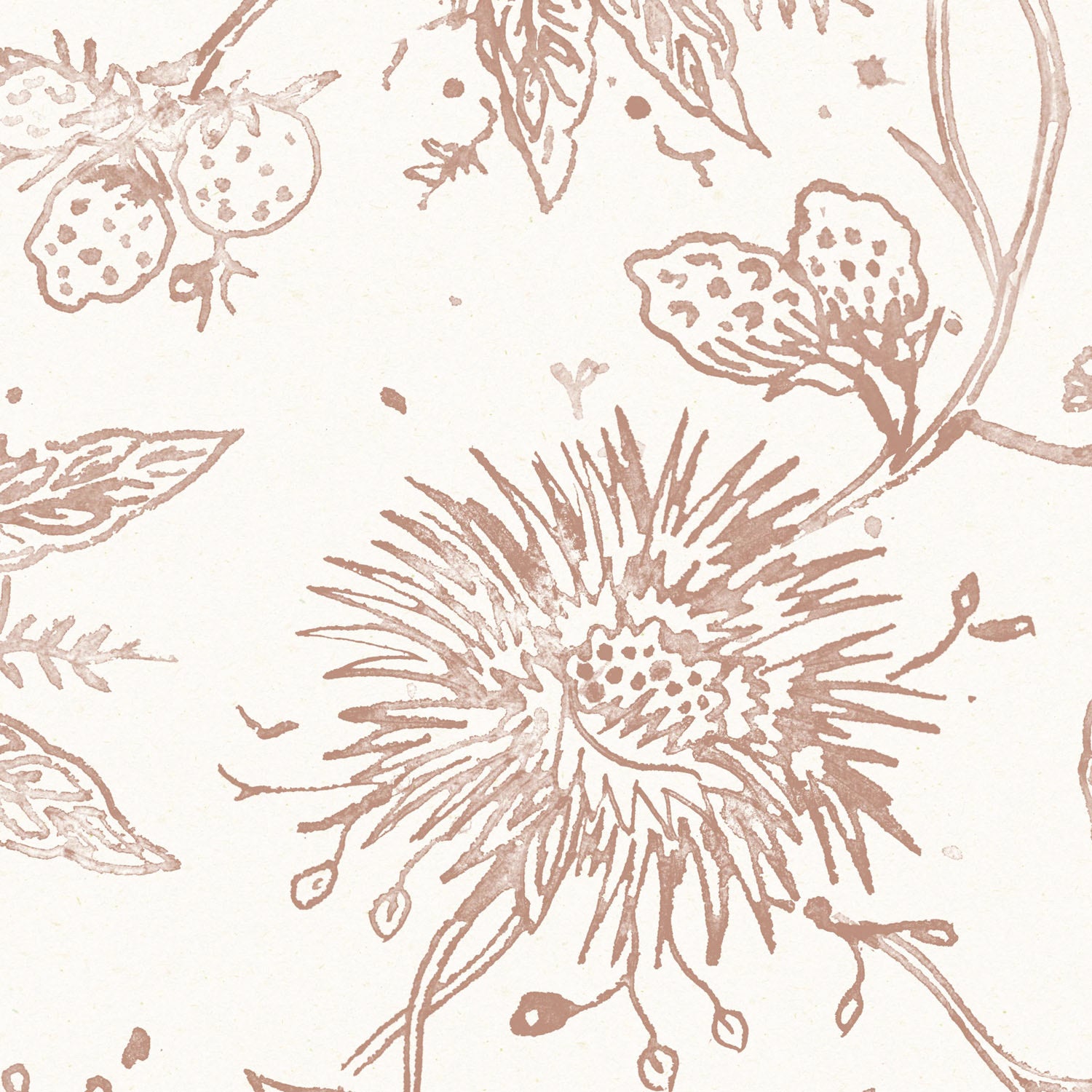 Detail of wallpaper in watercolor floral pattern with clay pink leaves and flowers on a white background