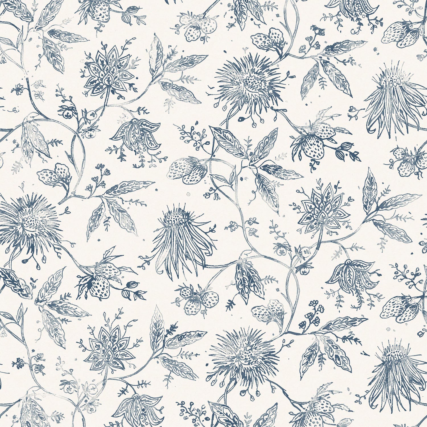 Watercolor floral pattern with ink blue leaves and flowers on a cream background
