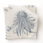 Fabric swatch with watercolor floral in blue on white. 