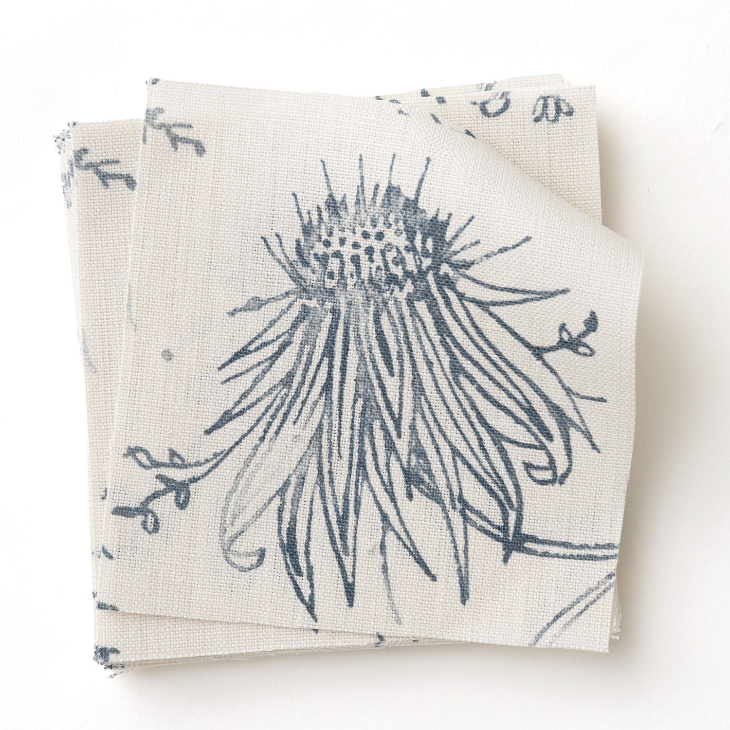 Fabric swatch with watercolor floral in blue on white. 