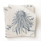 Fabric swatch with watercolor floral in blue on white. 
