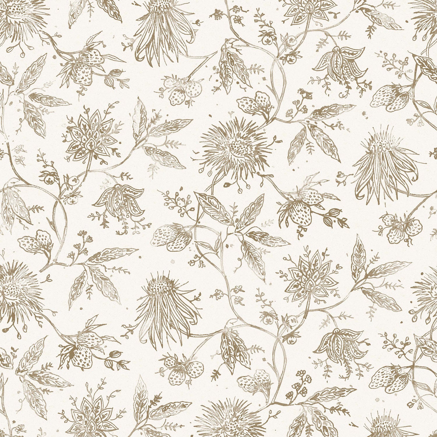 Watercolor floral pattern with taupe leaves and flowers on a white background