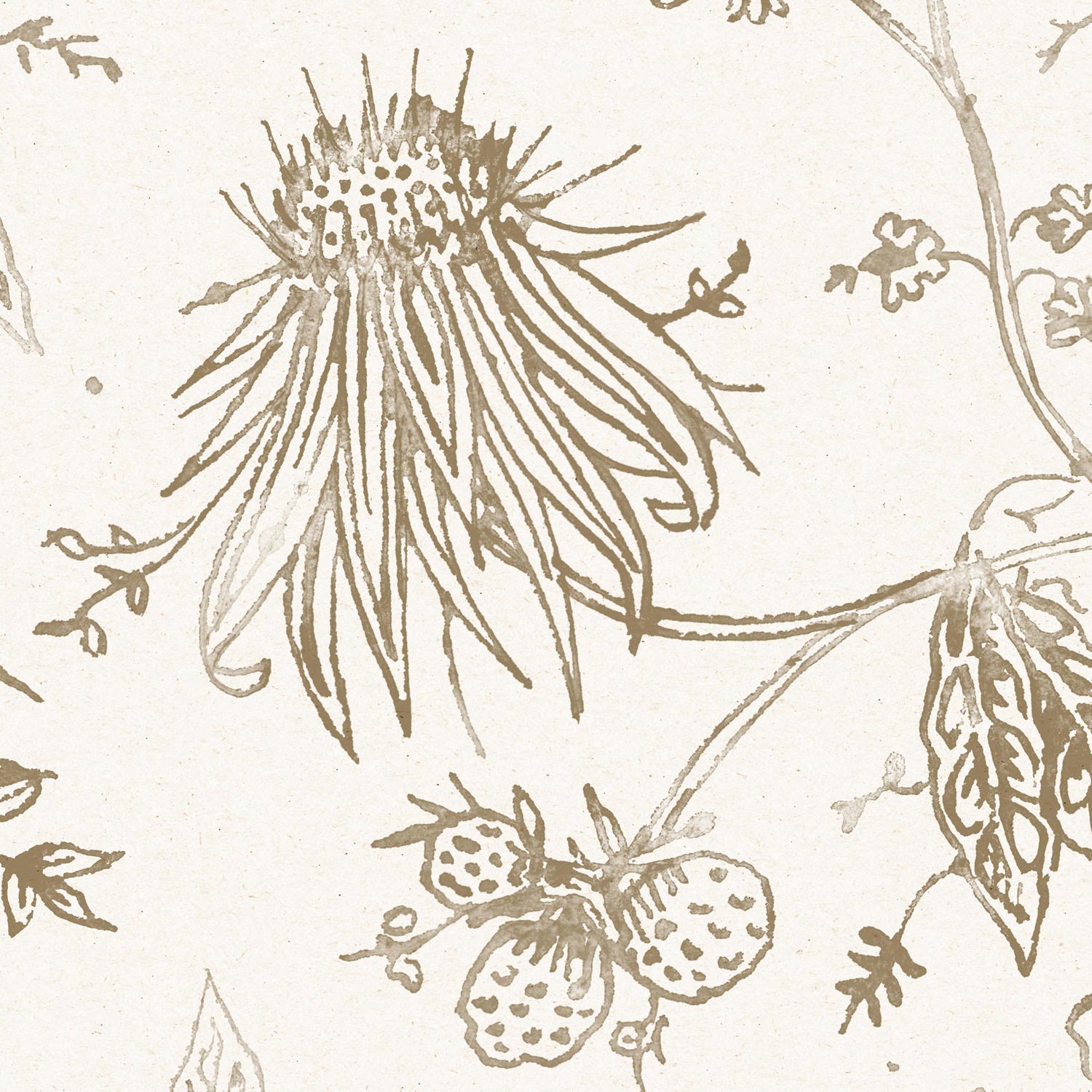 Detail of wallpaper in watercolor floral pattern with taupe leaves and flowers on a white background