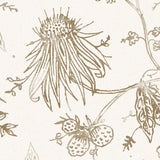 Detail of wallpaper in watercolor floral pattern with taupe leaves and flowers on a white background