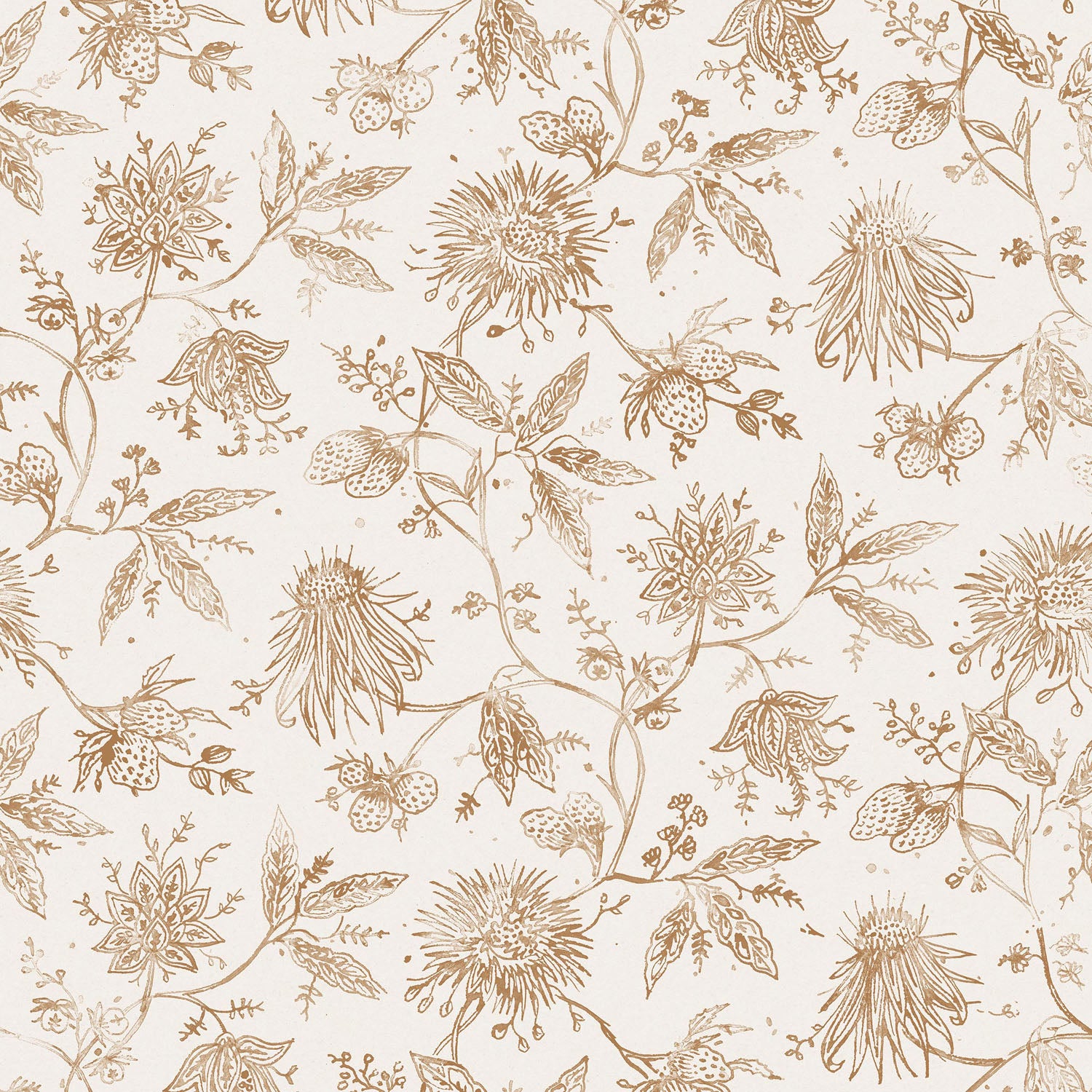 Watercolor floral pattern with tan leaves and flowers on a cream background