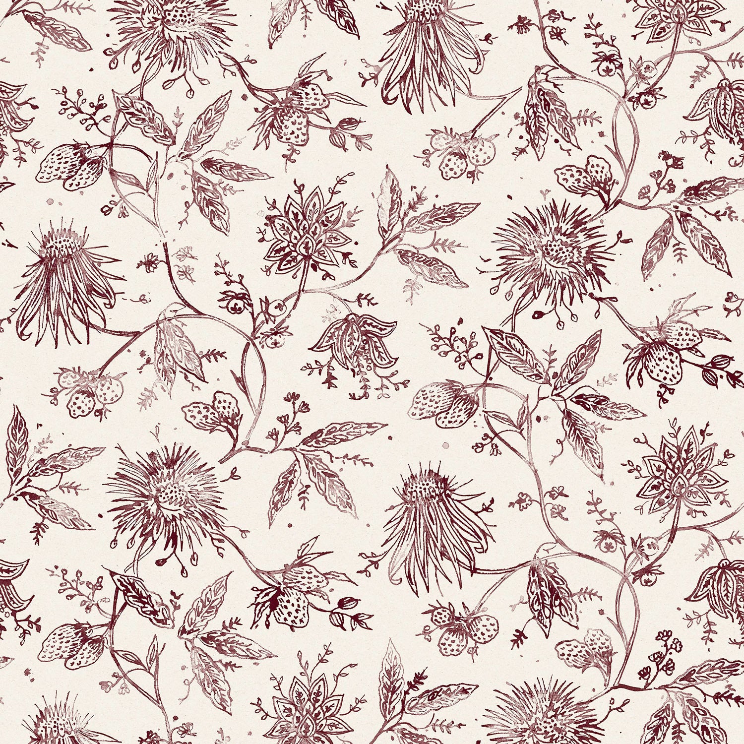 Watercolor floral pattern with  rich purple leaves and flowers on a white background