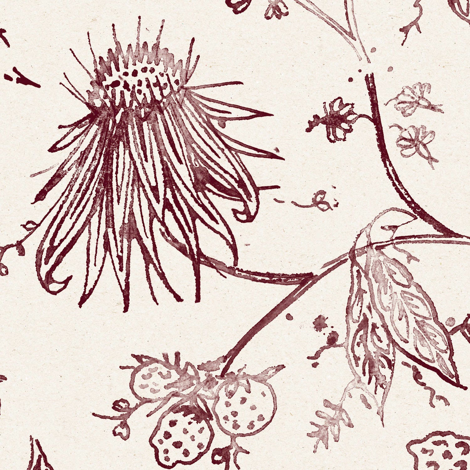 Detail of wallpaper in watercolor floral pattern with  rich purple leaves and flowers on a white background