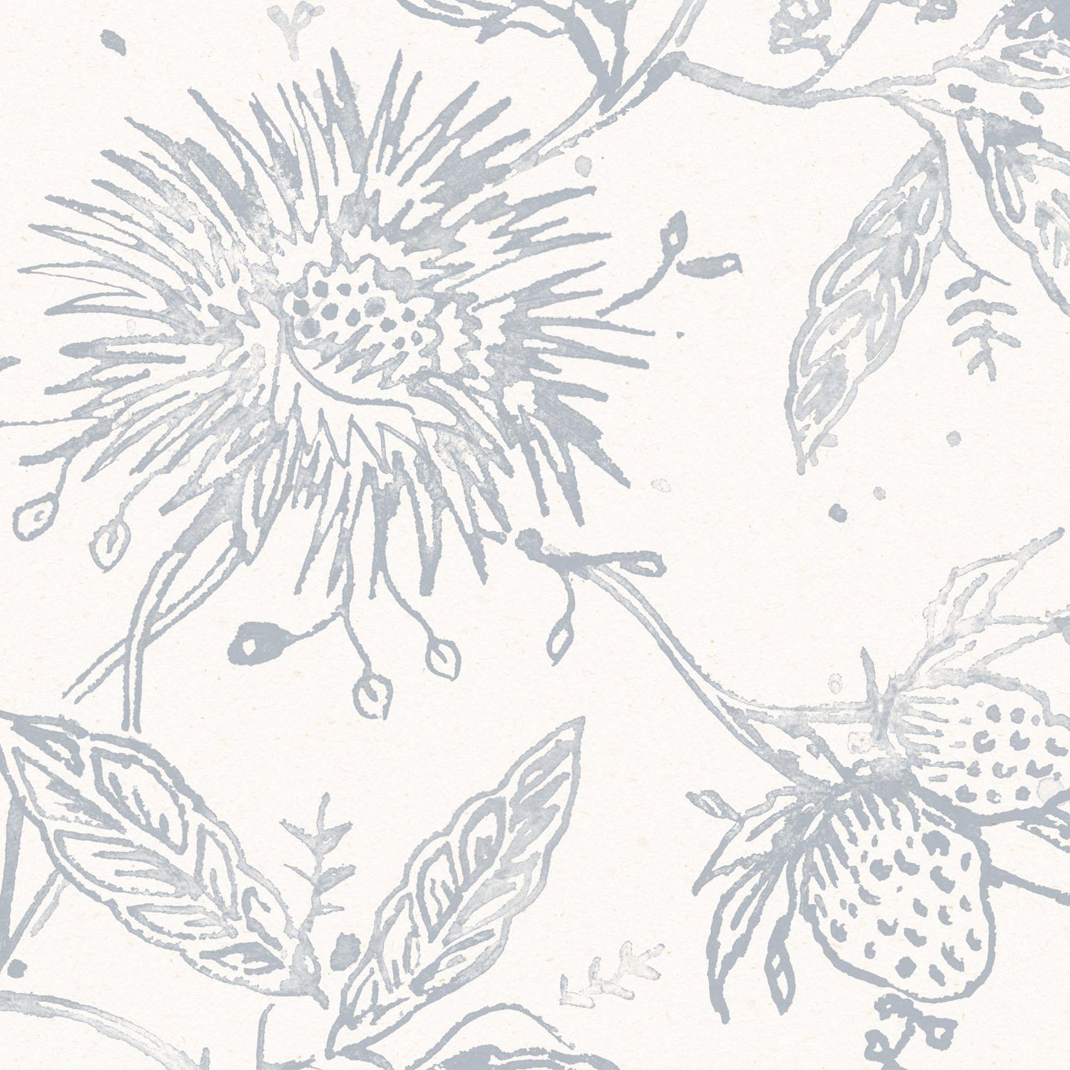 Detail of Wallpaper in watercolor floral pattern with light blue leaves and flowers on a white background