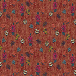 Scaled-out view of wallpaper in a varied floral print on a wood-grain field in shades of red, pink, yellow and green.