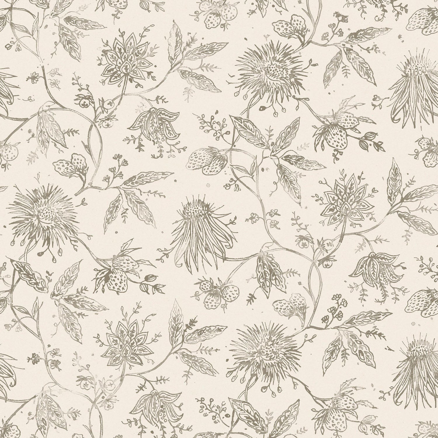 Watercolor floral pattern with grey-green leaves and flowers on a cream background