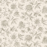 Watercolor floral pattern with grey-green leaves and flowers on a cream background