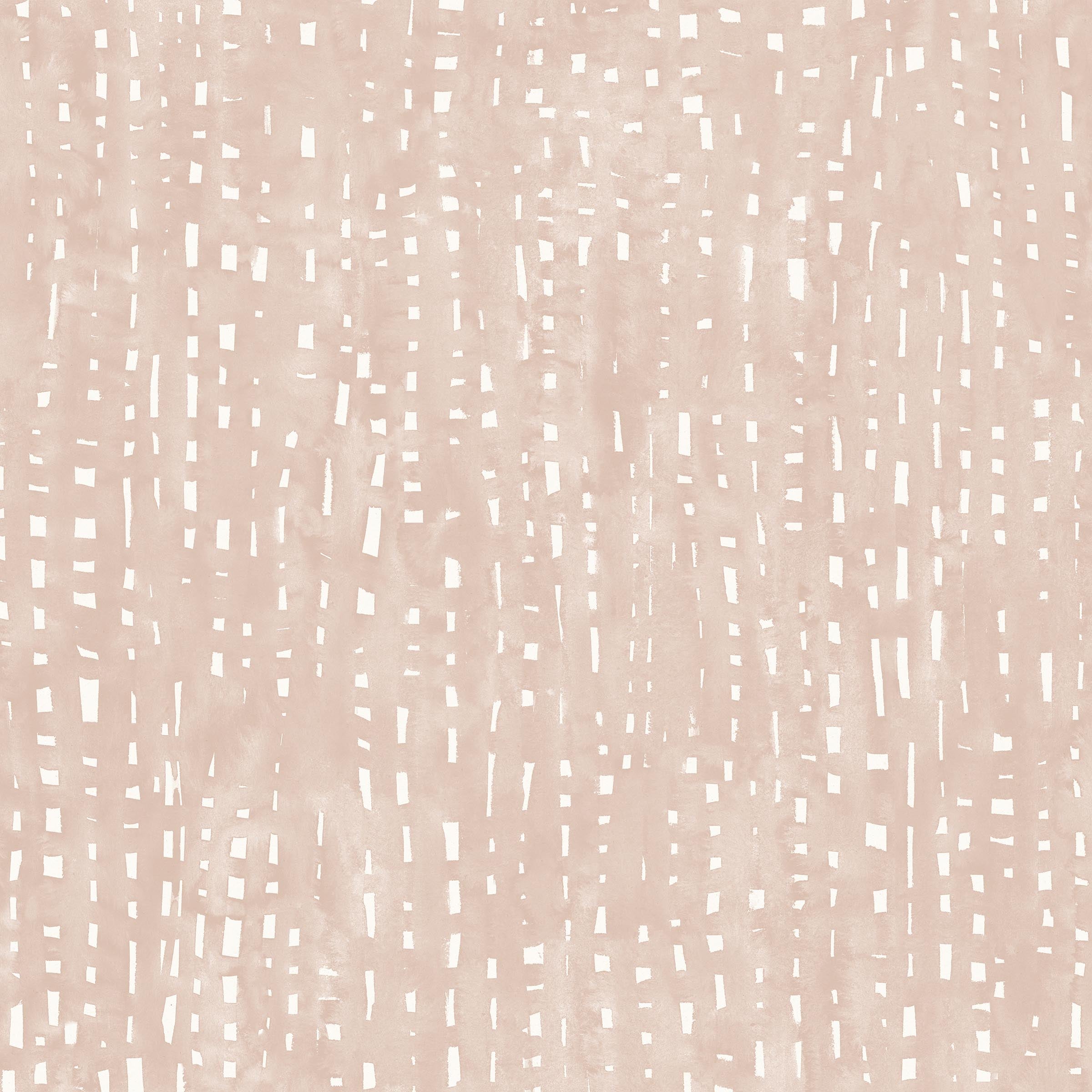 Detail of wallpaper in a painterly small-scale dashed dot print in white on a pastel pink watercolor field.