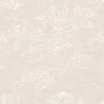 Detail of wallpaper in a painterly cloud pattern in white on a soft beige watercolor field.