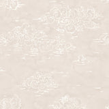Detail of wallpaper in a painterly cloud pattern in white on a soft beige watercolor field.