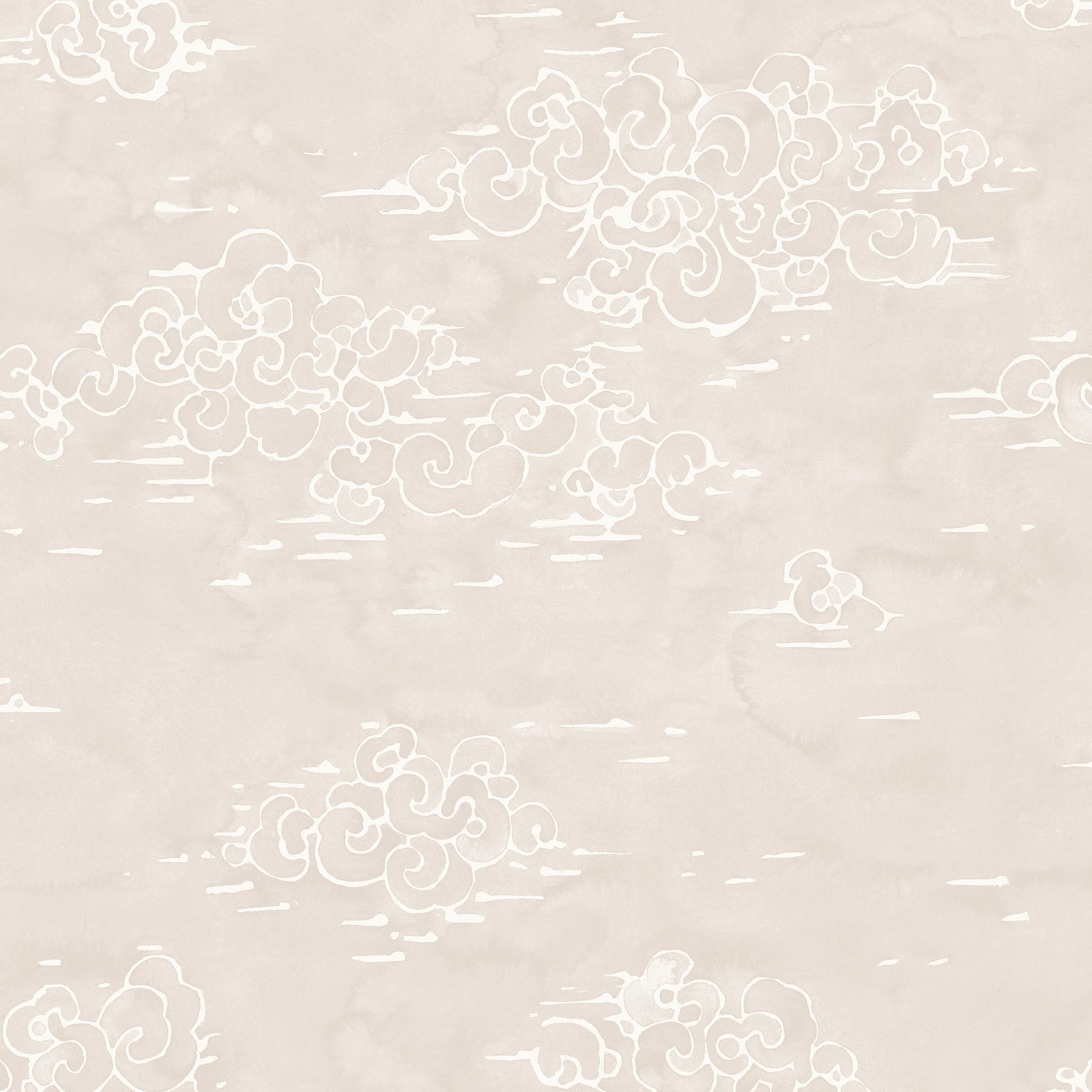 Detail of wallpaper in a painterly cloud pattern in white on a soft beige watercolor field.