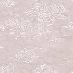 Detail of wallpaper in a painterly cloud pattern in white on a pastel purple watercolor field.