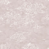 Detail of wallpaper in a painterly cloud pattern in white on a pastel purple watercolor field.