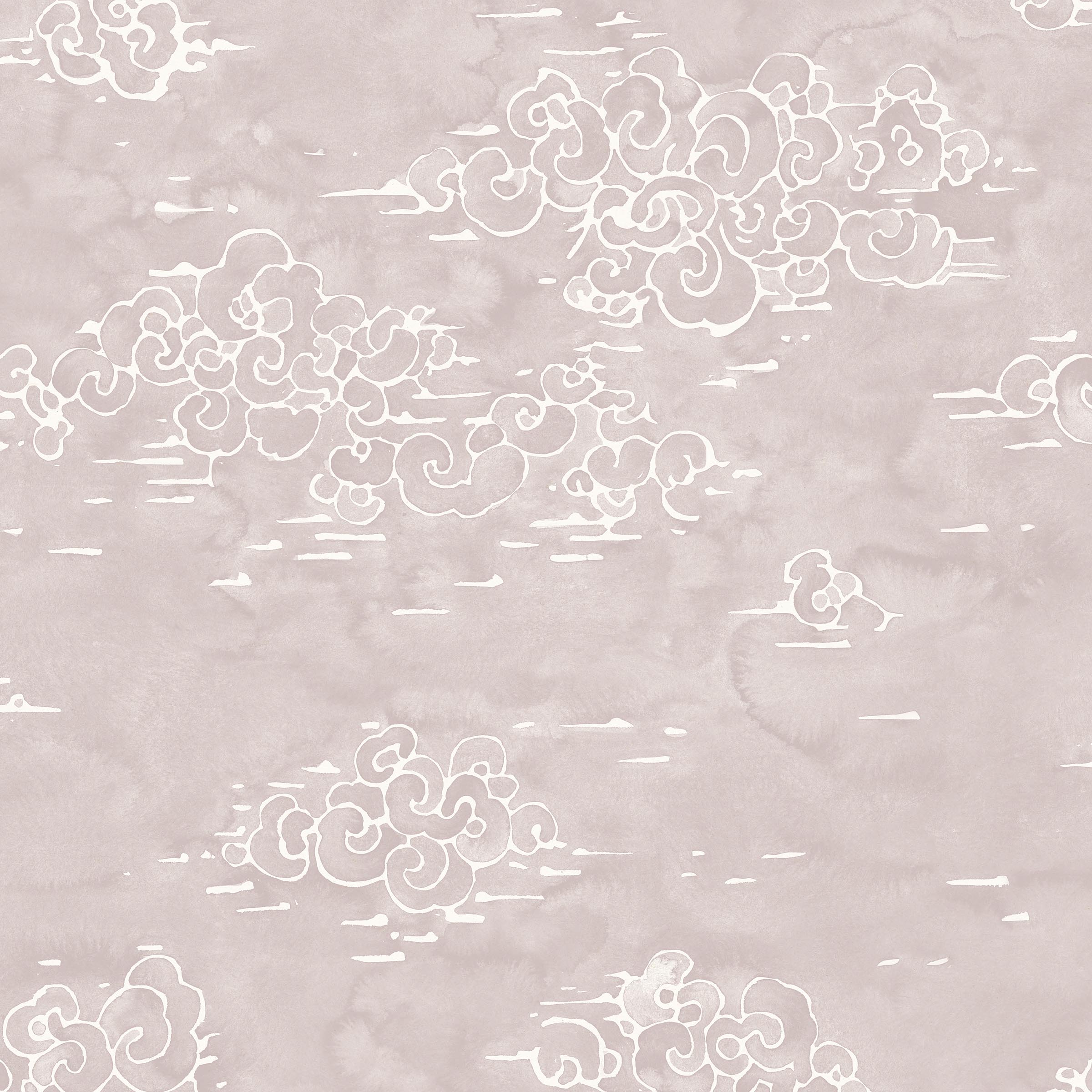 Detail of wallpaper in a painterly cloud pattern in white on a pastel purple watercolor field.