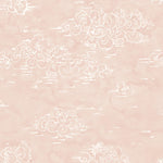 Detail of wallpaper in a painterly cloud pattern in white on a pastel pink watercolor field.