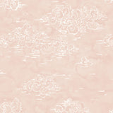 Detail of wallpaper in a painterly cloud pattern in white on a pastel pink watercolor field.