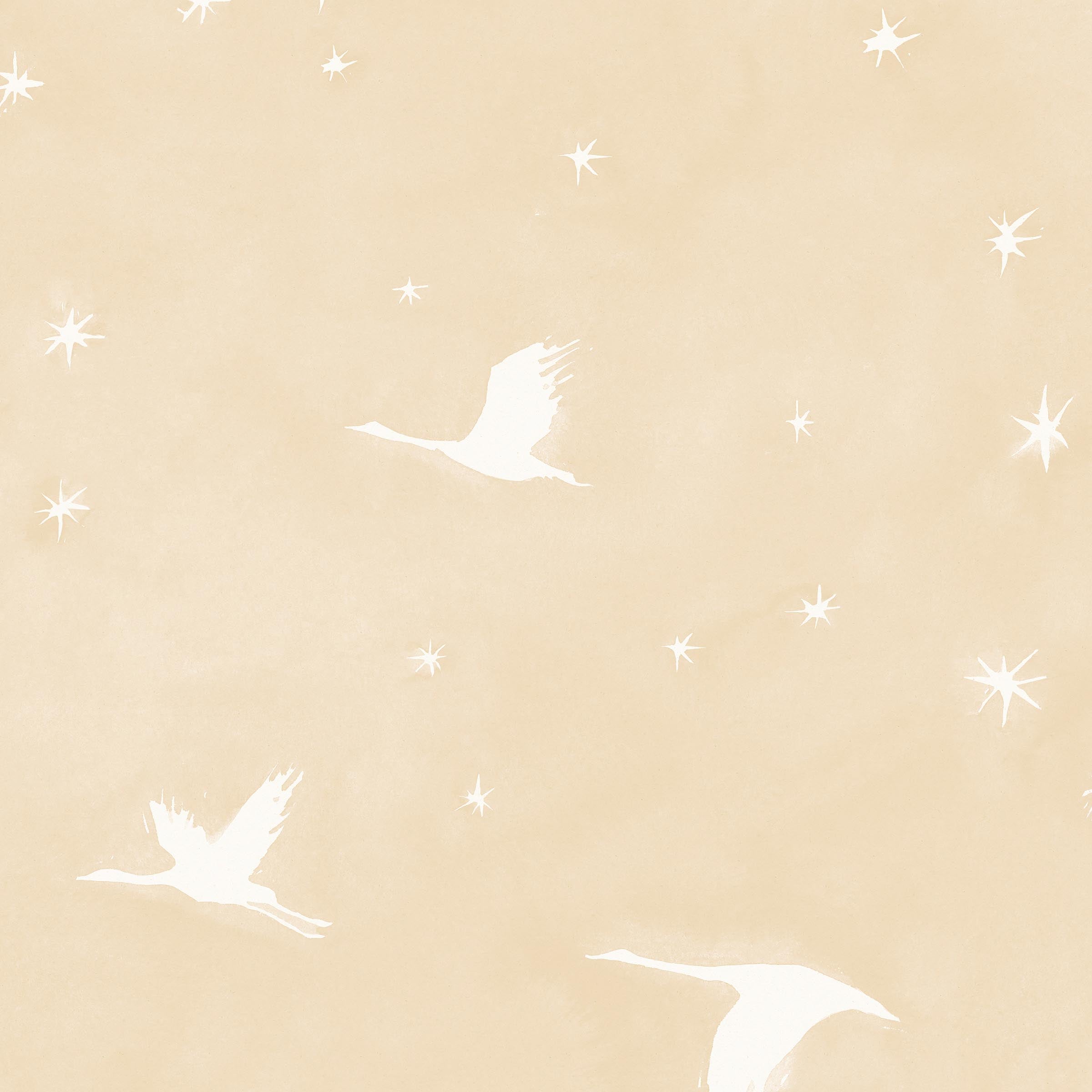 Detail of wallpaper in a repeating print of birds and stars in white on a pastel yellow watercolor field.