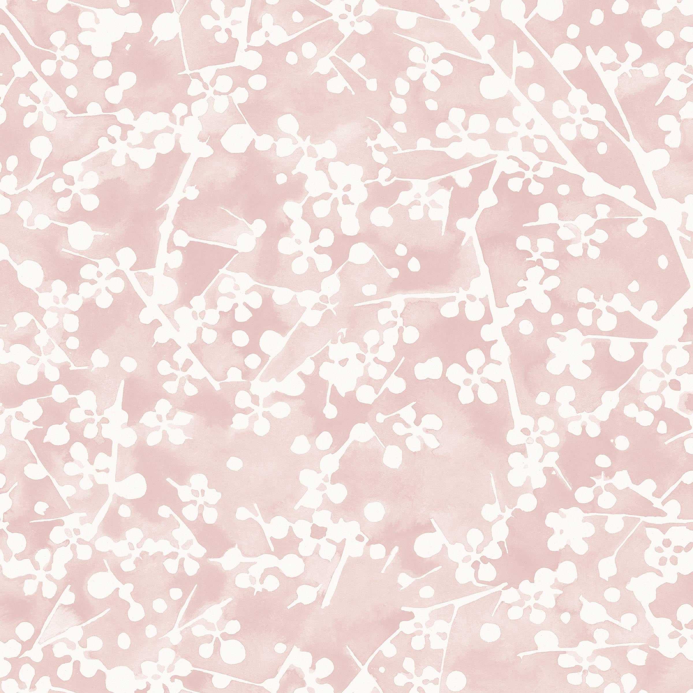 Detail of wallpaper in a painterly branch print in white on a pink watercolor field.