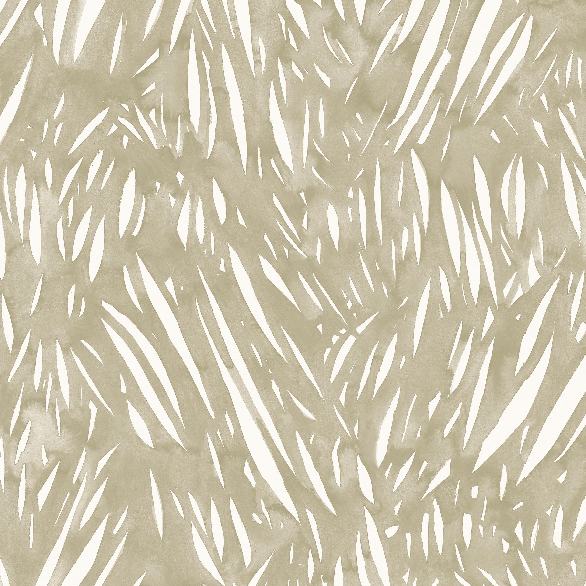Detail of wallpaper in an abstract leaf pattern in white on a grey-green watercolor field.
