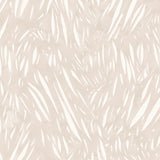 Detail of wallpaper in an abstract leaf pattern in white on a pale pink watercolor field.