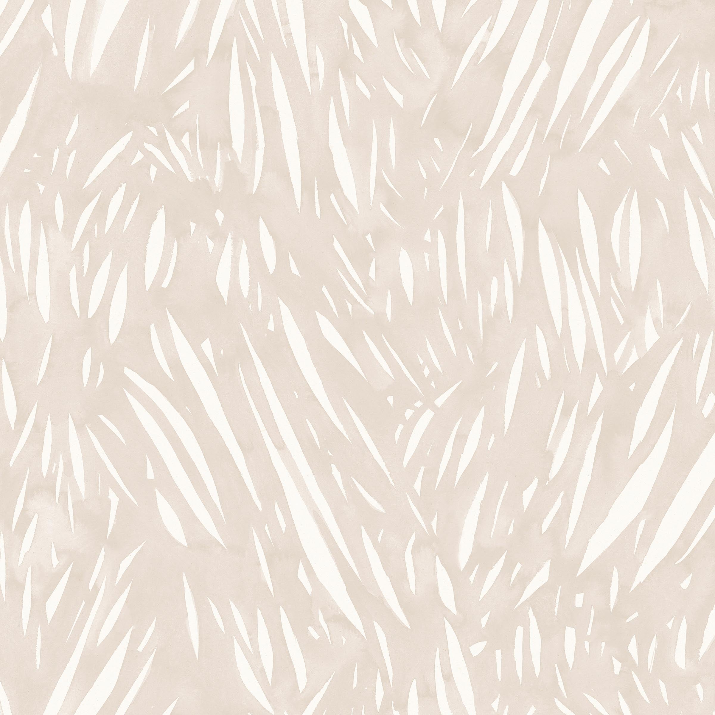 Detail of wallpaper in an abstract leaf pattern in white on a pale pink watercolor field.