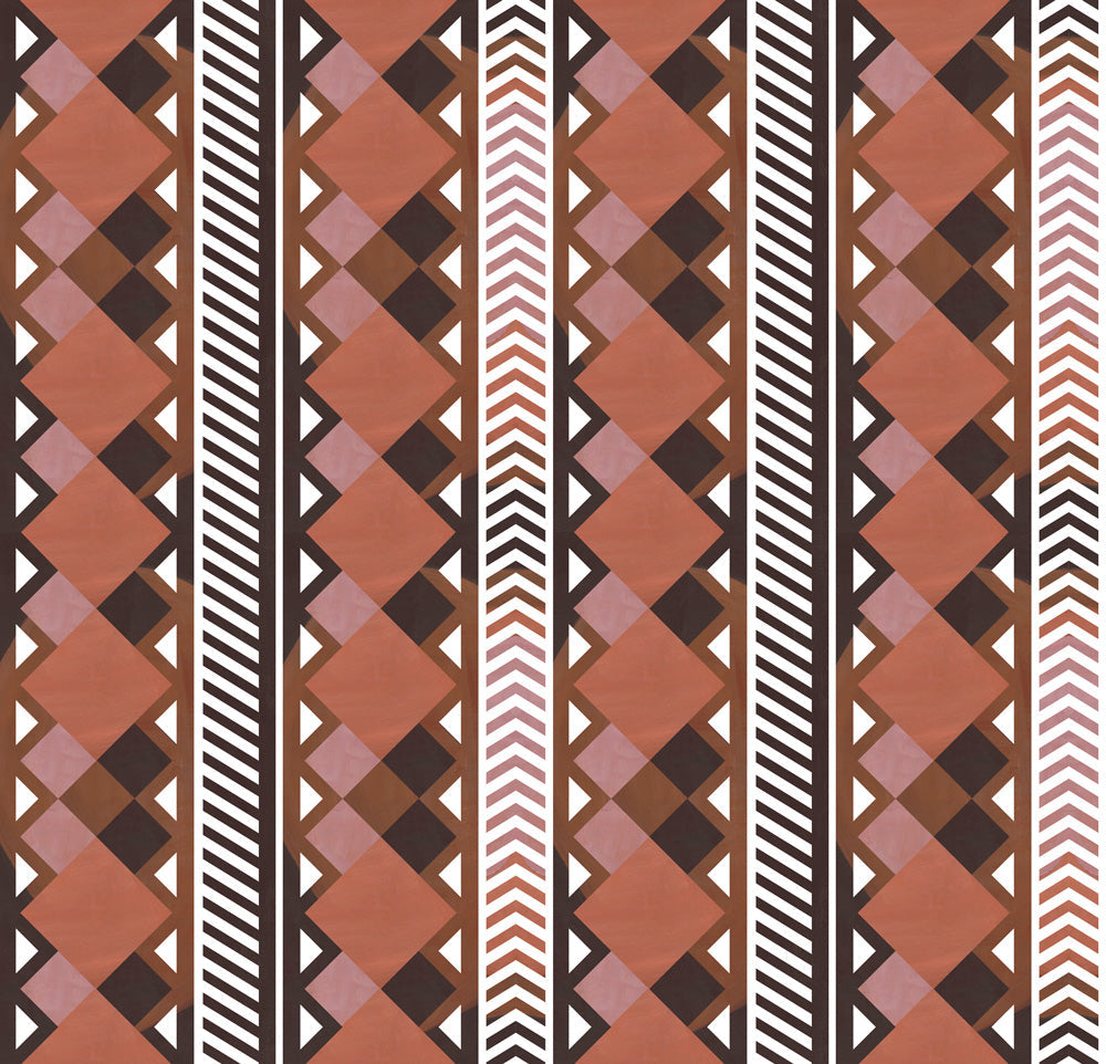 Complex stripe with geometric shapes and chevrons in clay, lilac, brown and cream.