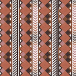 Complex stripe with geometric shapes and chevrons in clay, lilac, brown and cream.