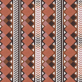 Complex stripe with geometric shapes and chevrons in clay, lilac, brown and cream.