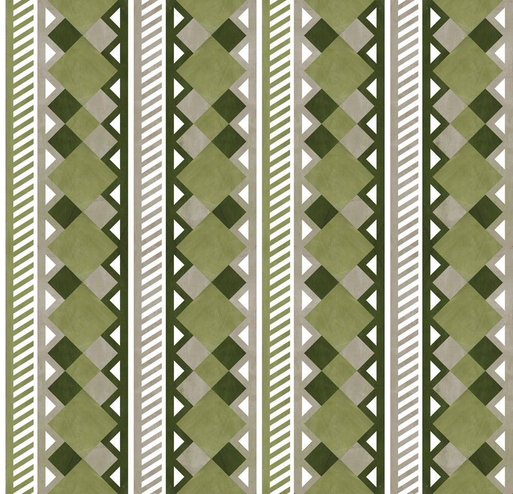 Complex stripe with geometric shapes and chevrons in sage, olive ecru and cream.