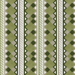 Complex stripe with geometric shapes and chevrons in sage, olive ecru and cream.