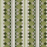 Complex stripe with geometric shapes and chevrons in sage, olive ecru and cream.