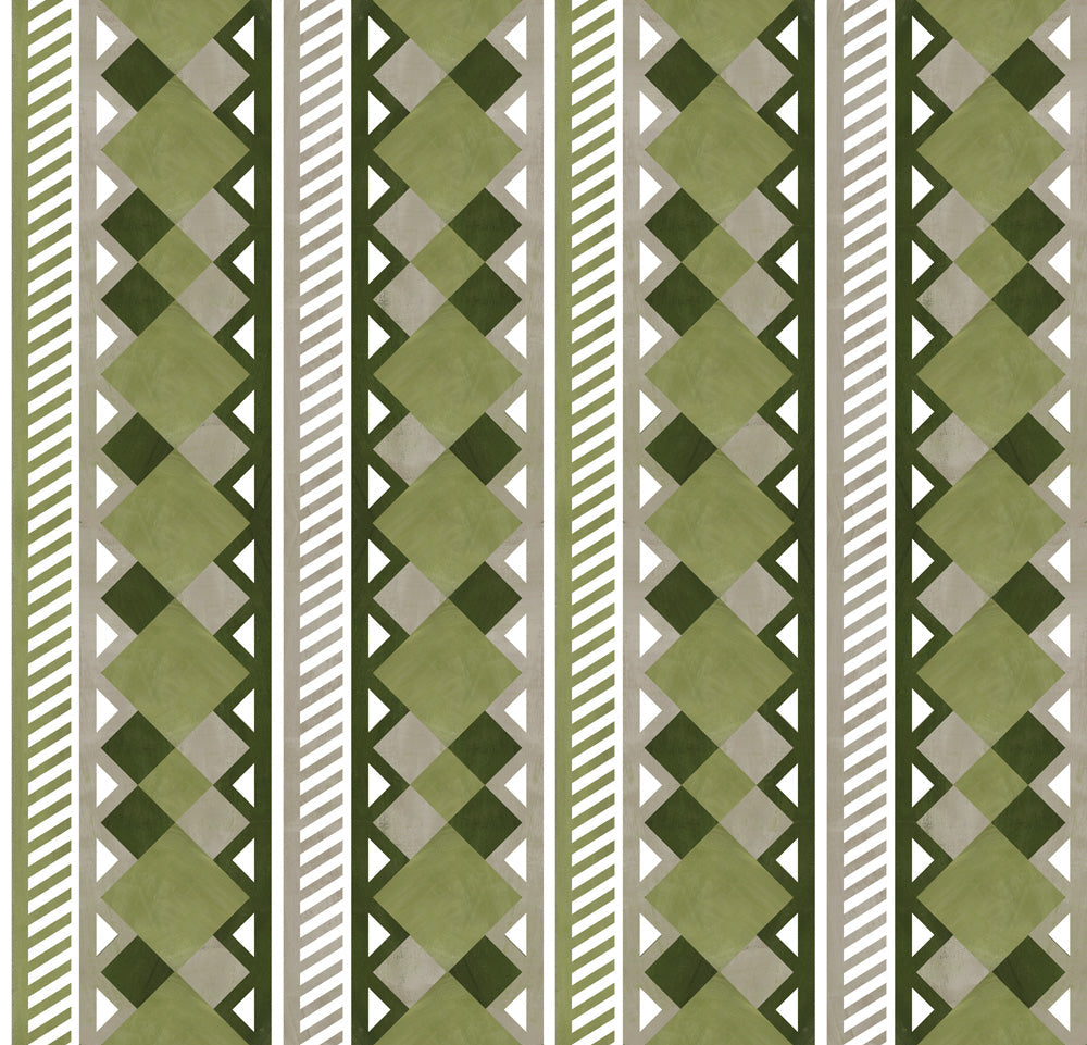 Complex stripe with geometric shapes and chevrons in sage, olive ecru and cream.