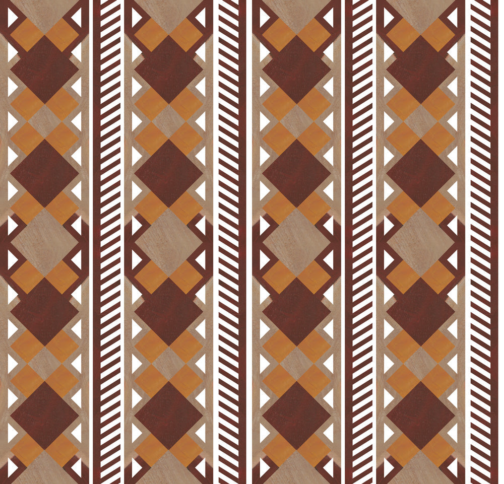 Complex stripe with geometric shapes and chevrons in taupe, orange, oxblood and cream.