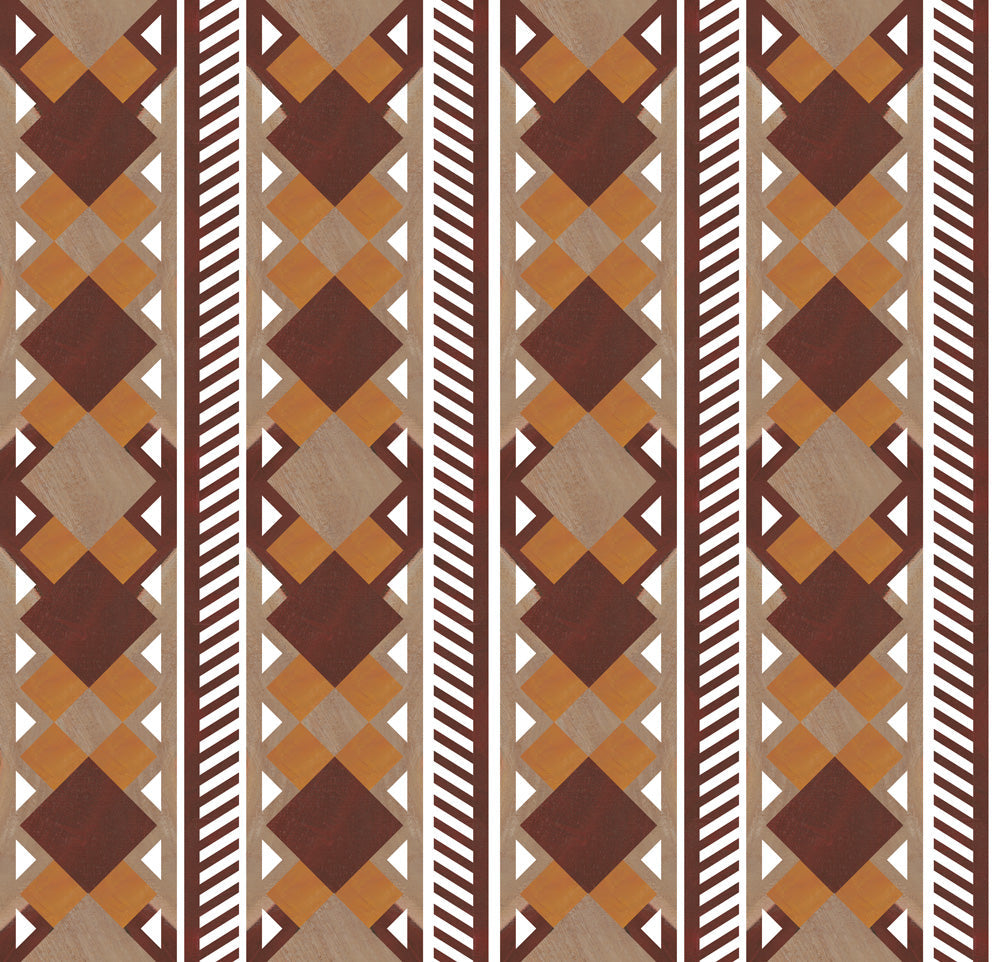 Complex stripe with geometric shapes and chevrons in taupe, orange, oxblood and cream.