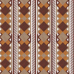 Complex stripe with geometric shapes and chevrons in taupe, orange, oxblood and cream.