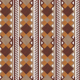 Complex stripe with geometric shapes and chevrons in taupe, orange, oxblood and cream.