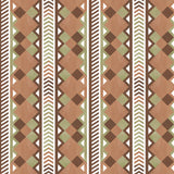 Complex stripe with geometric shapes and chevrons in clay, sage, brown and cream.
