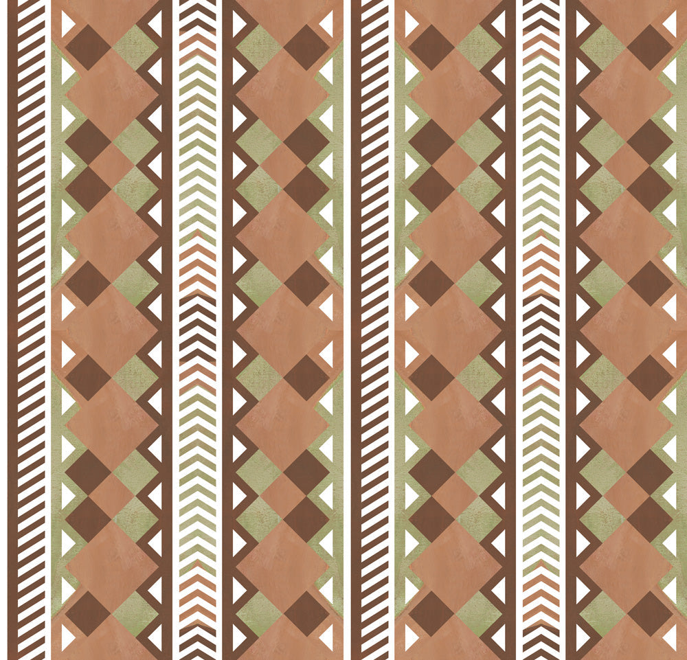 Complex stripe with geometric shapes and chevrons in clay, sage, brown and cream.