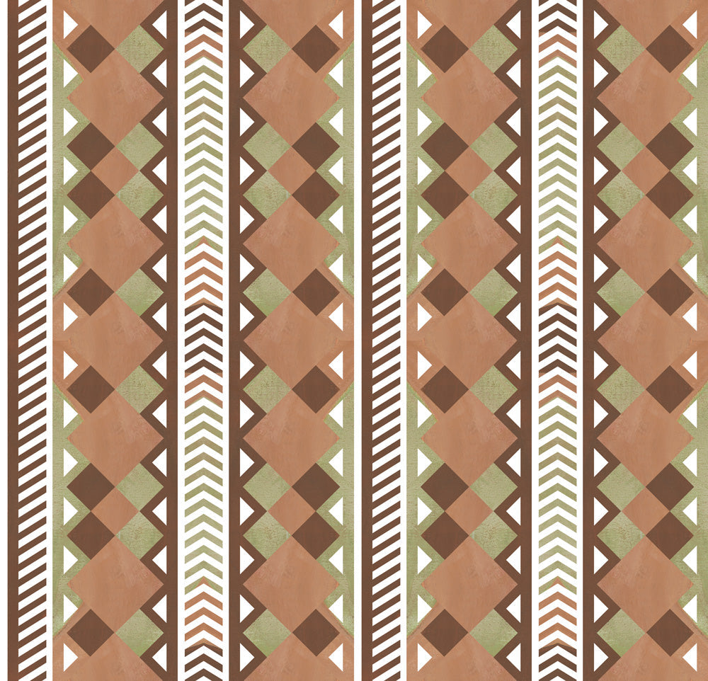Complex stripe with geometric shapes and chevrons in clay, sage, brown and cream.