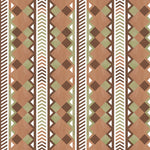 Complex stripe with geometric shapes and chevrons in clay, sage, brown and cream.