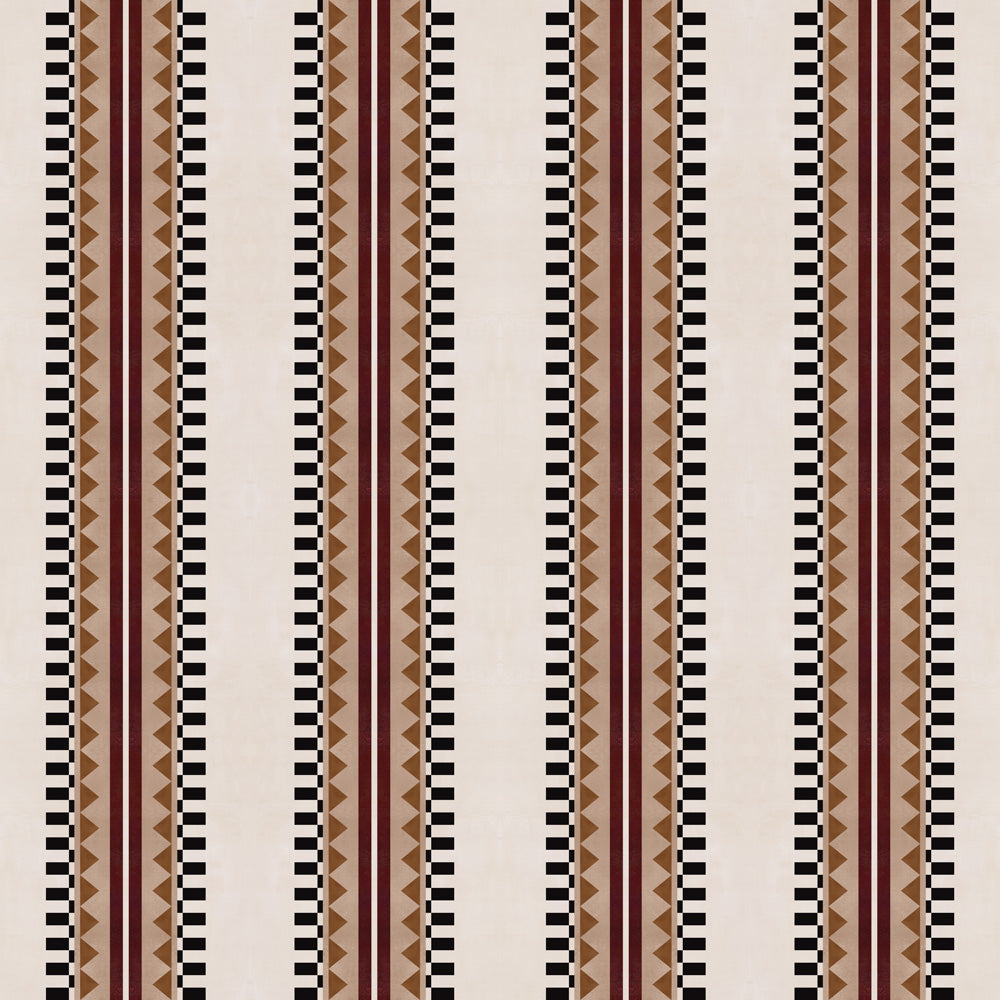 Complex geometric stripe in maroon, ochre, ecru and black on a cream field.