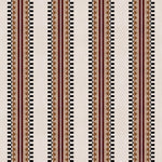 Complex geometric stripe in maroon, ochre, ecru and black on a cream field.